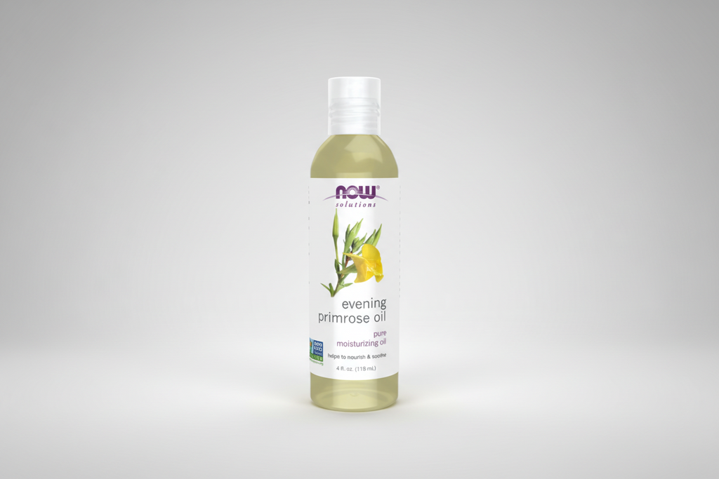 Bottle of NOW Solutions evening primrose oil on a white background