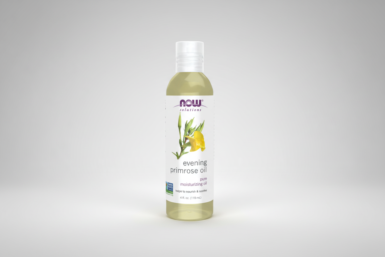 Bottle of NOW Solutions evening primrose oil on a white background