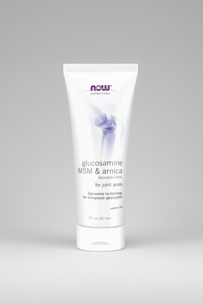 Tube of NOW Solutions glucosamine MSM & Arnica lotion on a white background