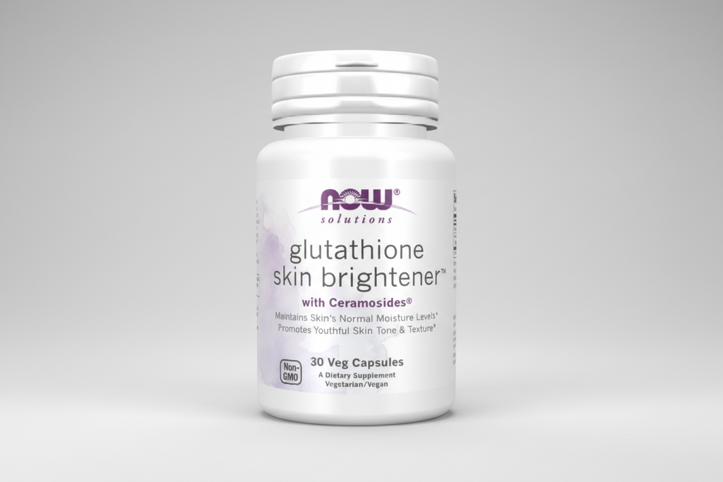 Supplement bottle labeled 'NOW Solutions Glutathione Skin Brightener' on a white background