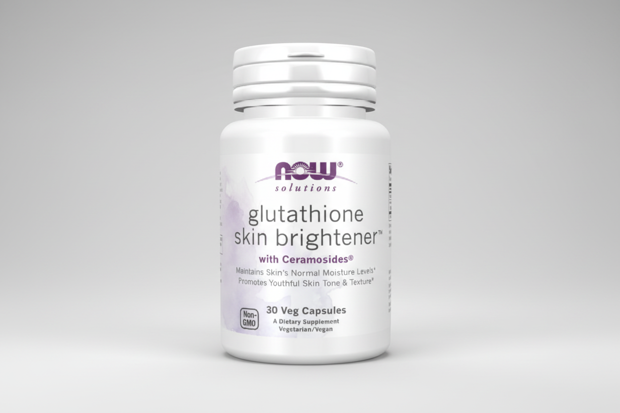 Supplement bottle labeled 'NOW Solutions Glutathione Skin Brightener' on a white background