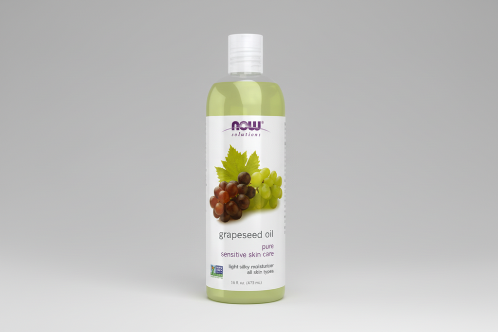 Bottle of NOW Solutions Grapeseed Oil on a white background
