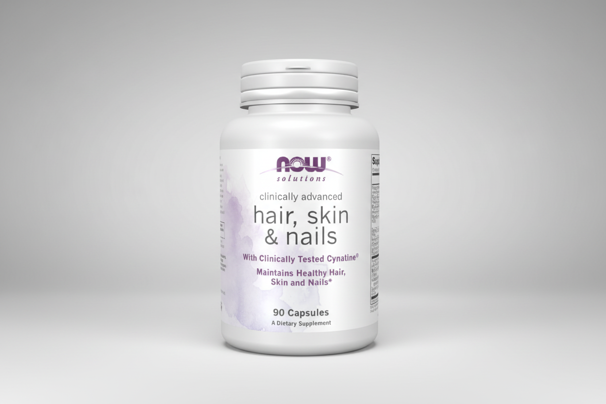Supplement bottle labeled 'NOW Solutions' for hair, skin, and nails on a white background