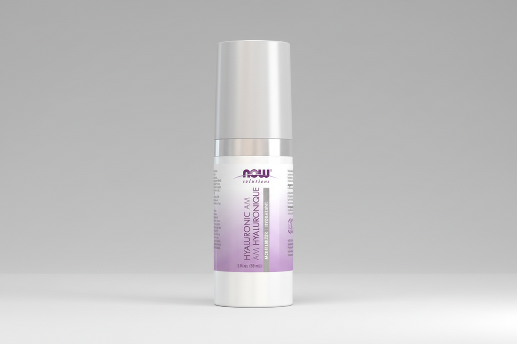 Skincare bottle with purple label on a white background