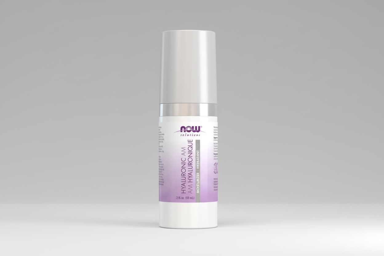 Skincare bottle with purple label on a white background