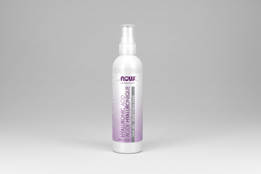 Hyaluronic acid facial mist bottle with 'NOW Solutions' branding on a white background