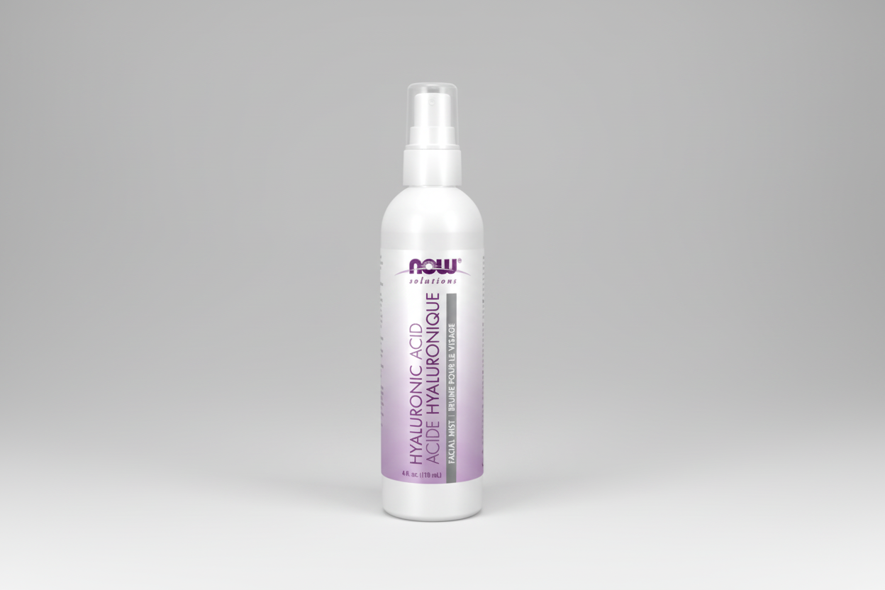 Hyaluronic acid facial mist bottle with 'NOW Solutions' branding on a white background