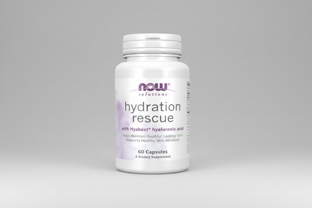 Supplement bottle labeled 'Hydration Rescue' with NOW Solutions branding on a white background