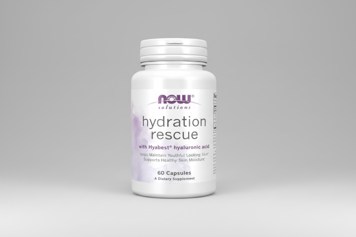 Supplement bottle labeled 'Hydration Rescue' with NOW Solutions branding on a white background