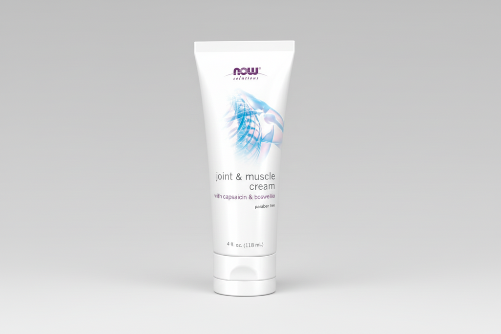 Tube of Now Solutions joint and muscle cream on a white background