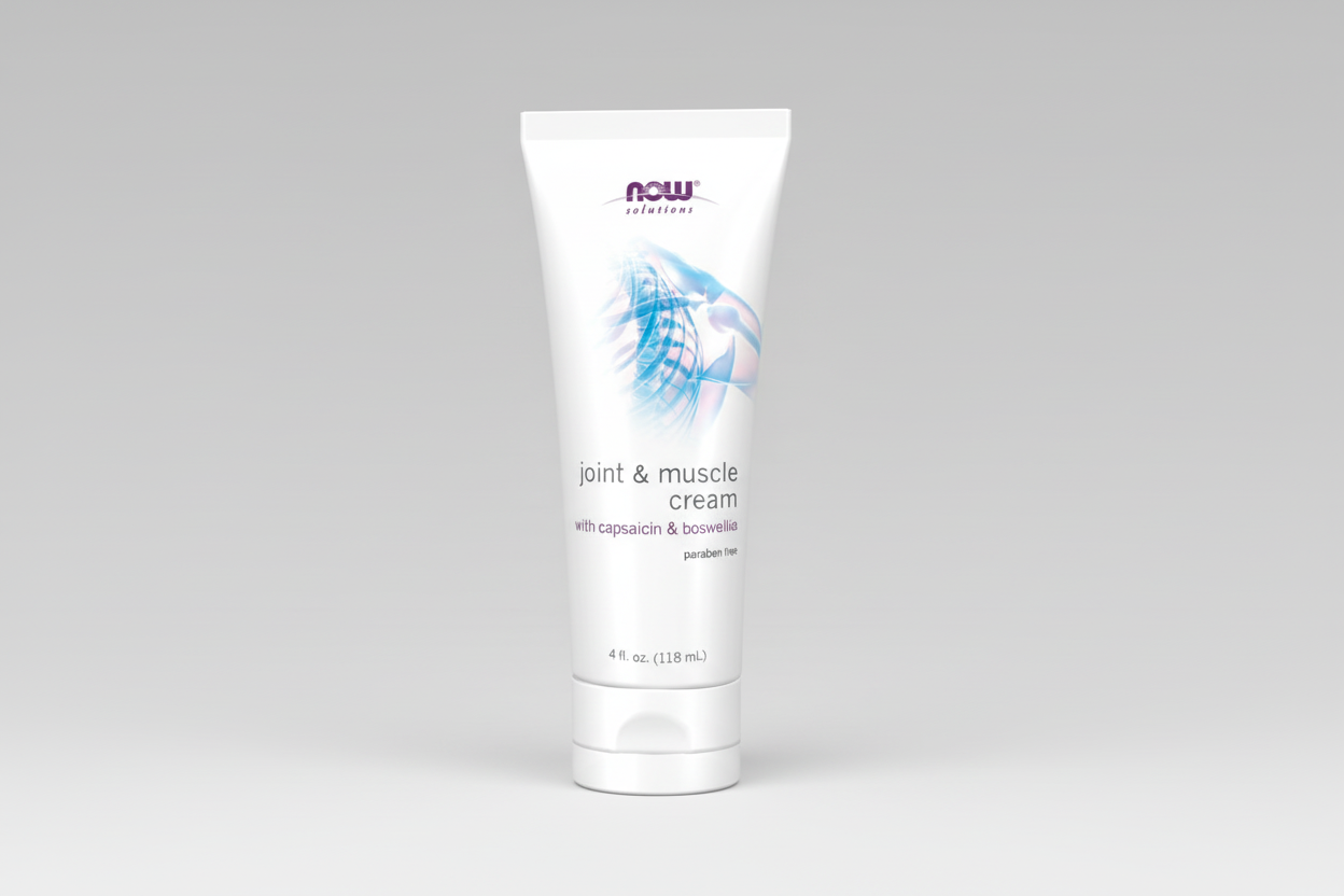 Tube of Now Solutions joint and muscle cream on a white background