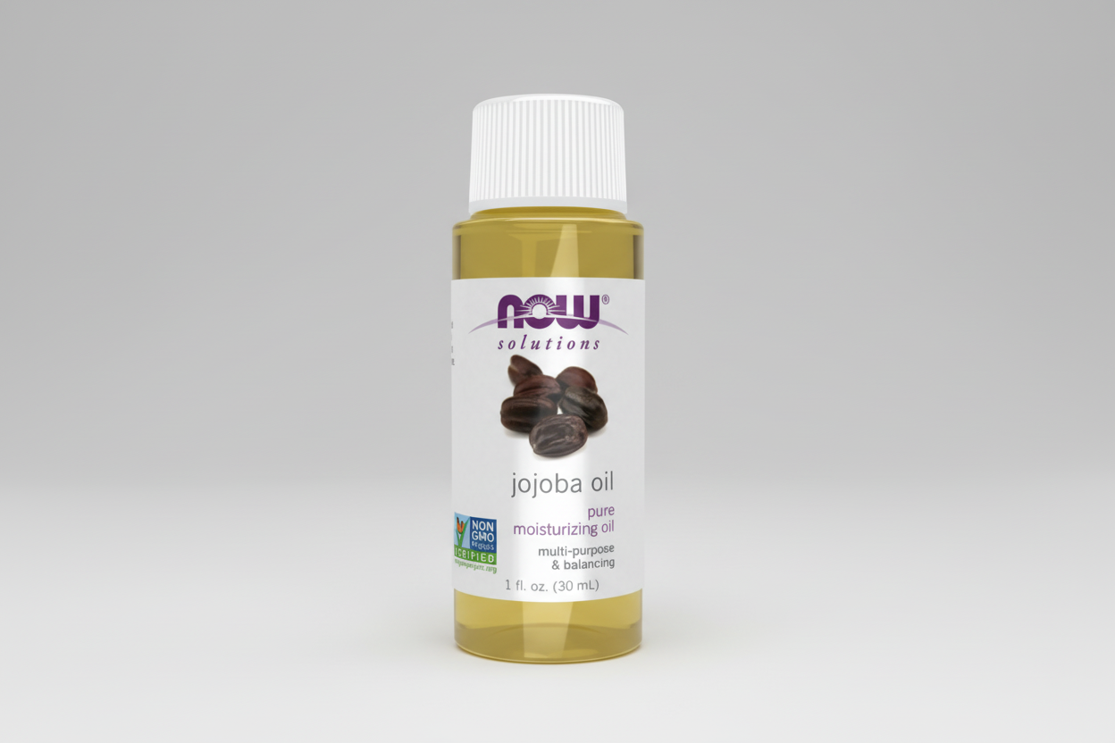 Bottle of NOW Solutions jojoba oil on a white background