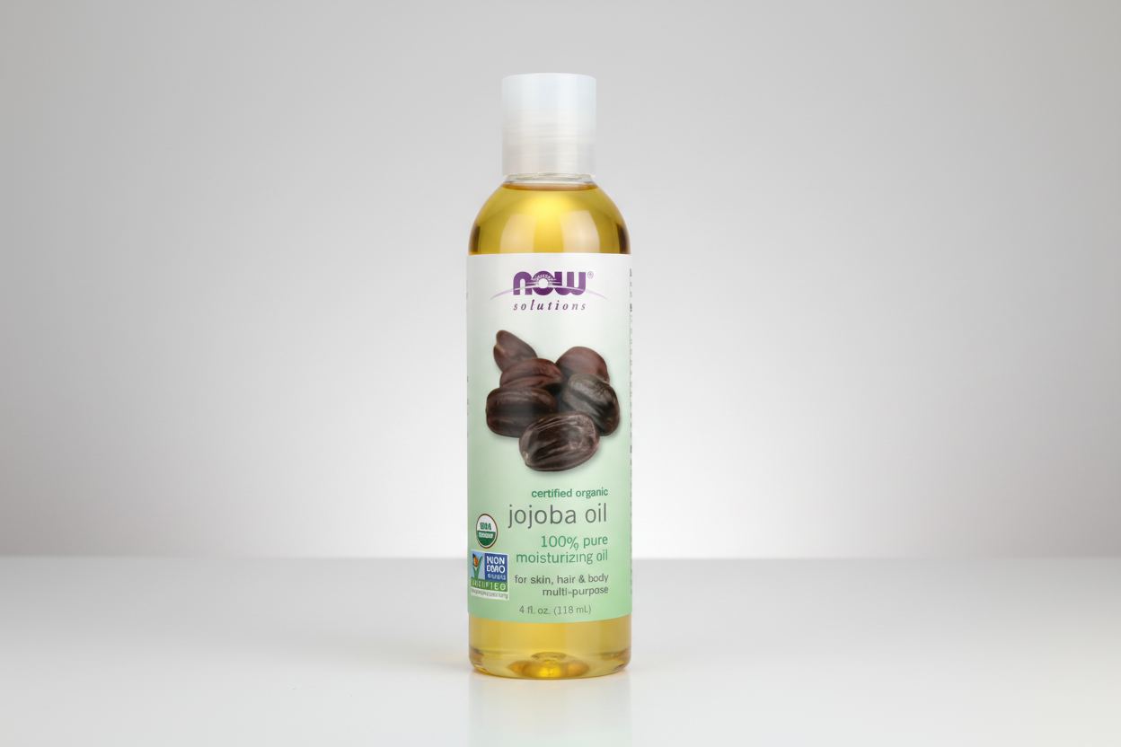 Bottle of NOW Solutions jojoba oil on a white background