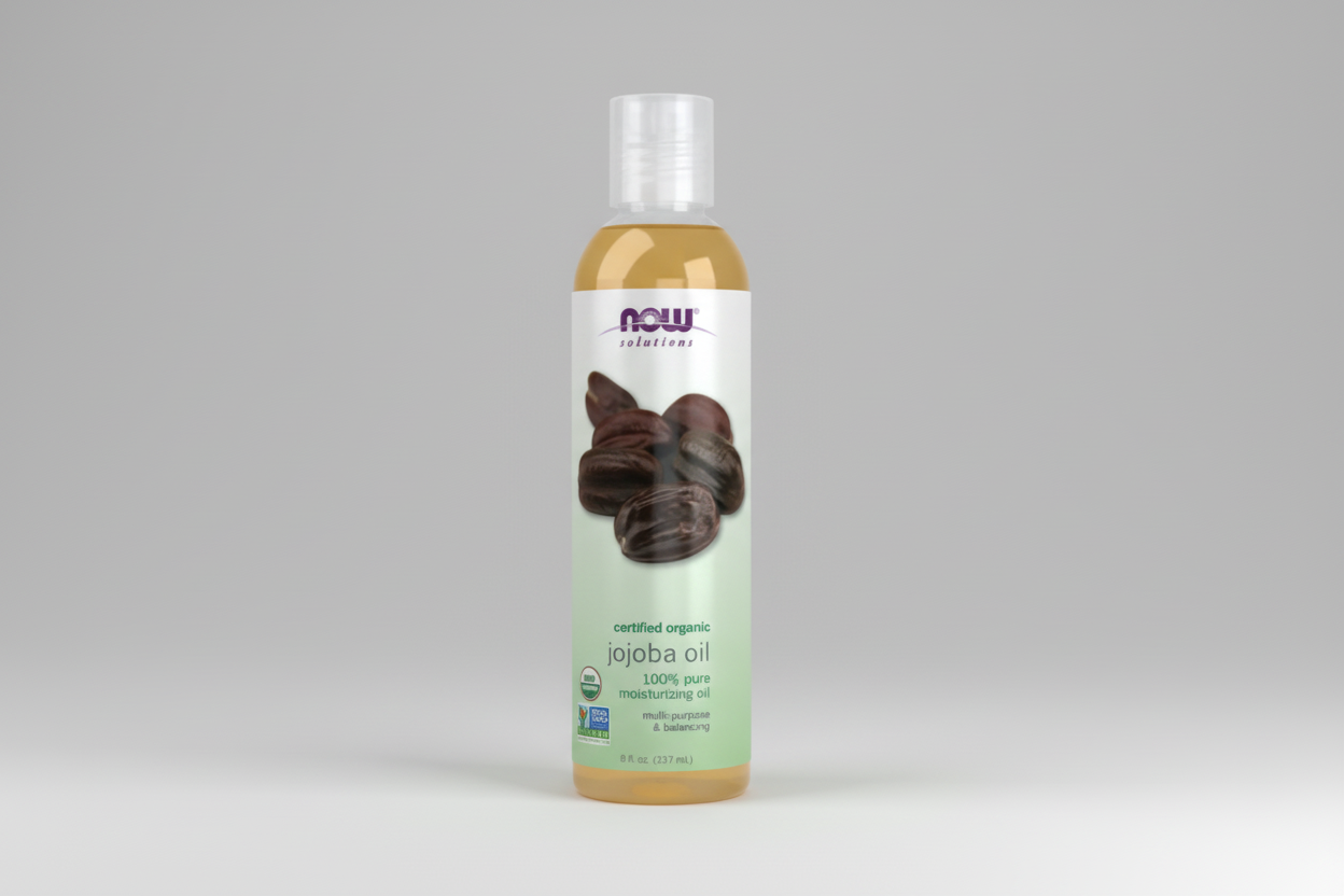 Bottle of NOW Solutions certified organic jojoba oil on a white background