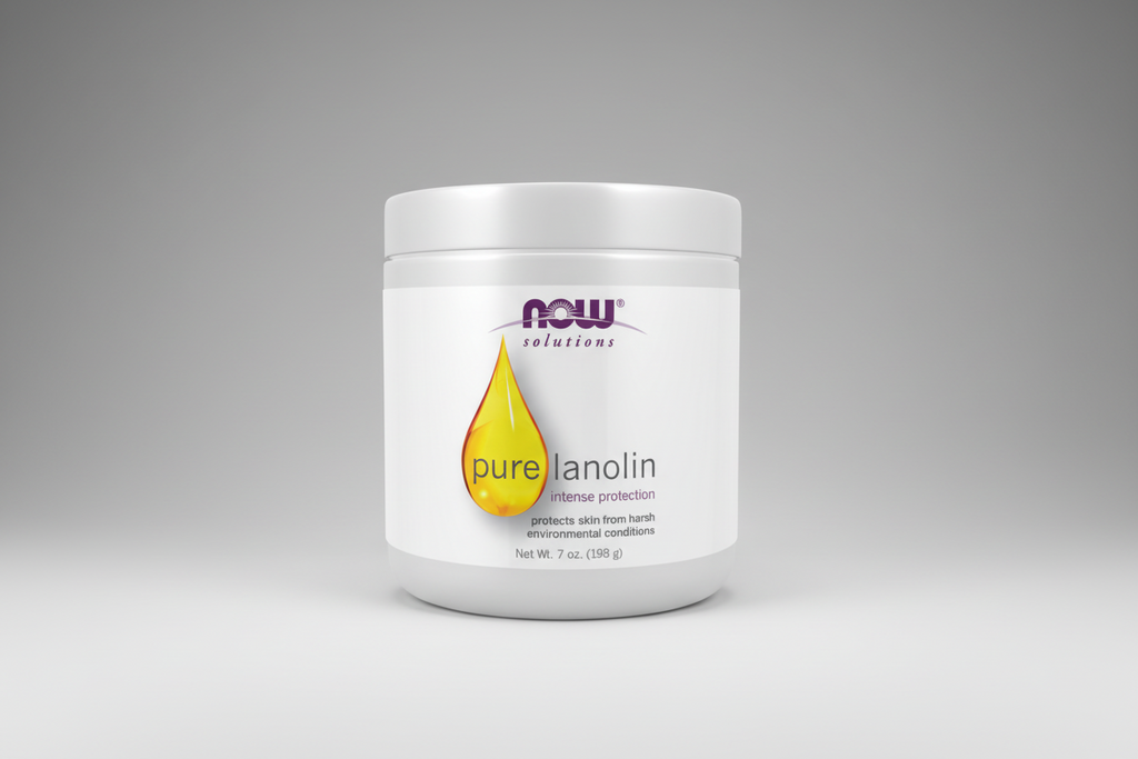 Jar of NOW Solutions pure lanolin on a white background