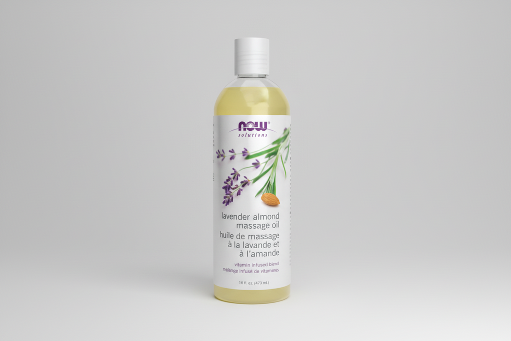 Bottle of NOW Solutions lavender almond massage oil on a white background