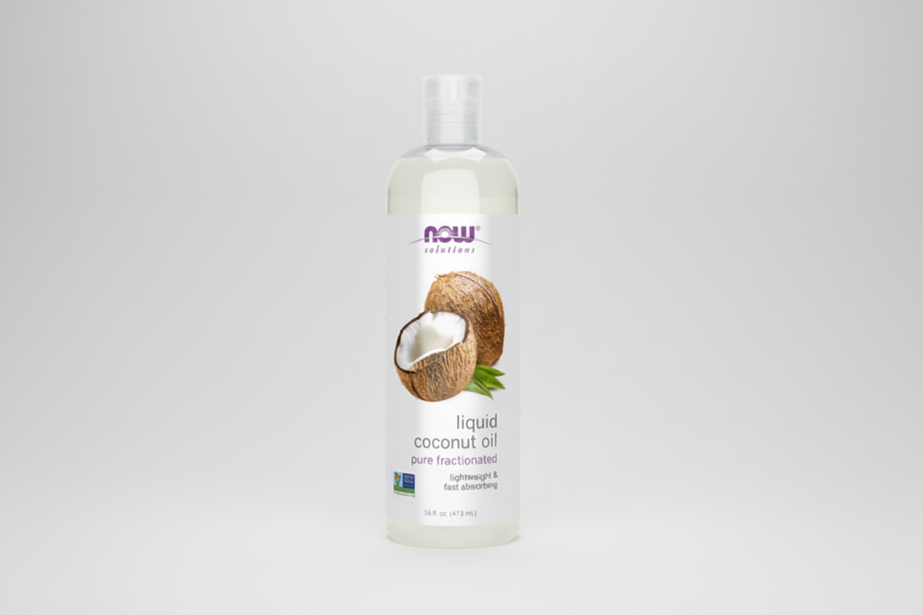 Bottle of NOW Solutions liquid coconut oil on a white background