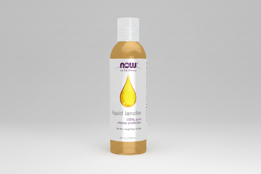 Bottle of NOW Liquid Lanolin on a white background