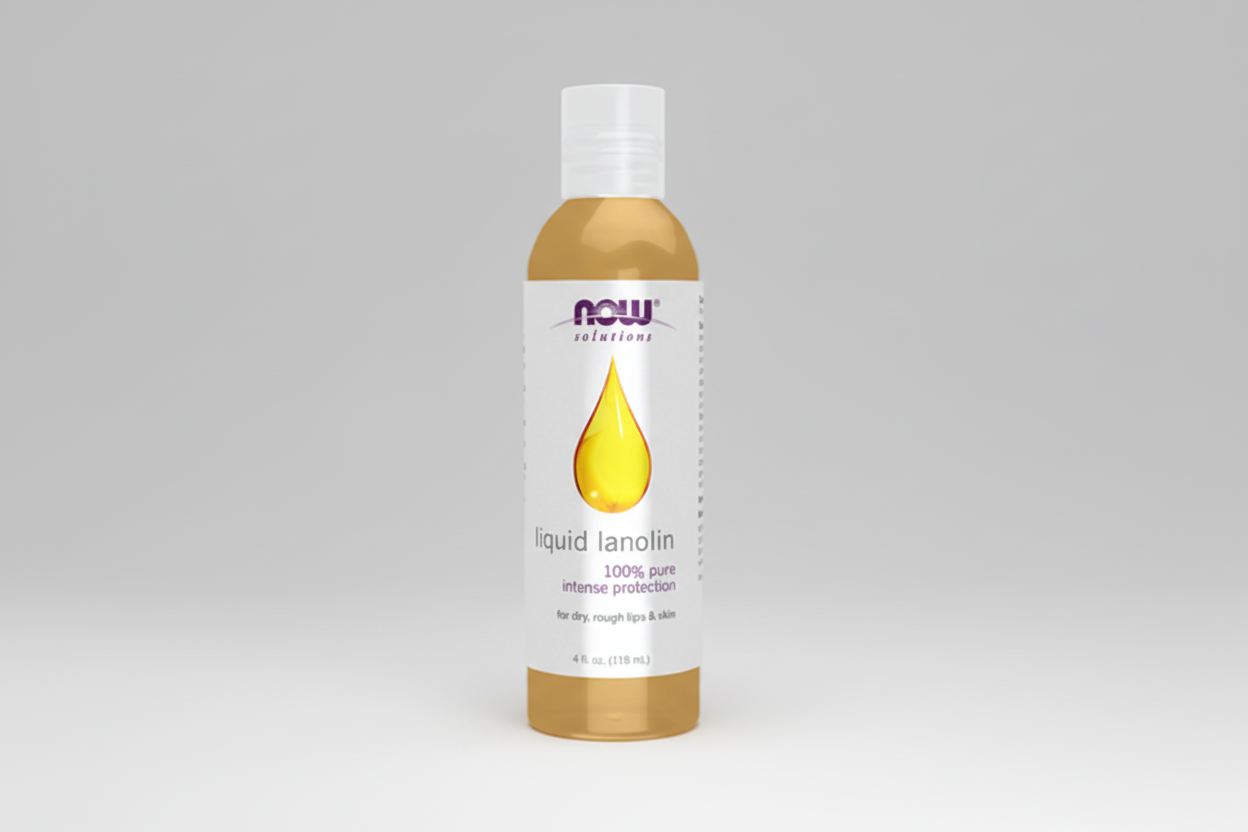 Bottle of NOW Liquid Lanolin on a white background