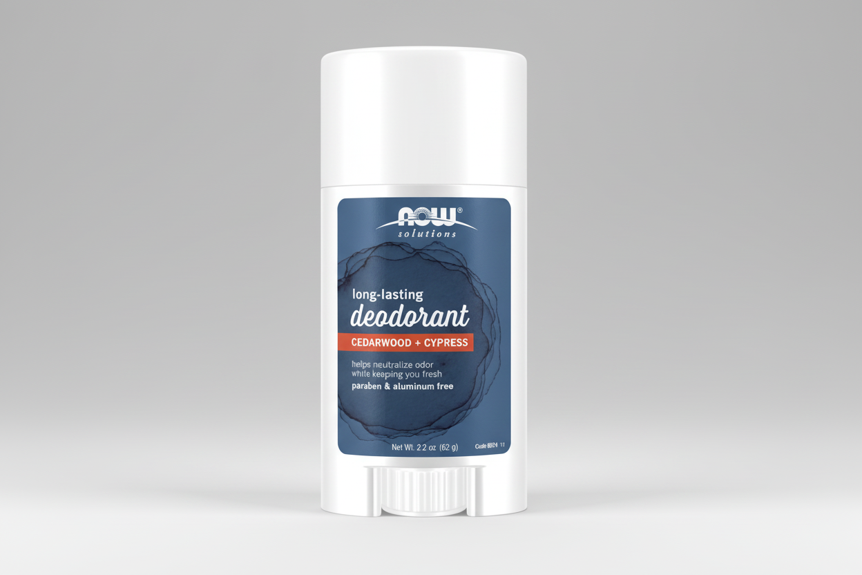 Deodorant stick with blue label on a white background