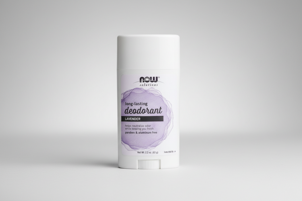Deodorant packaging with NOW Solutions logo on a white background