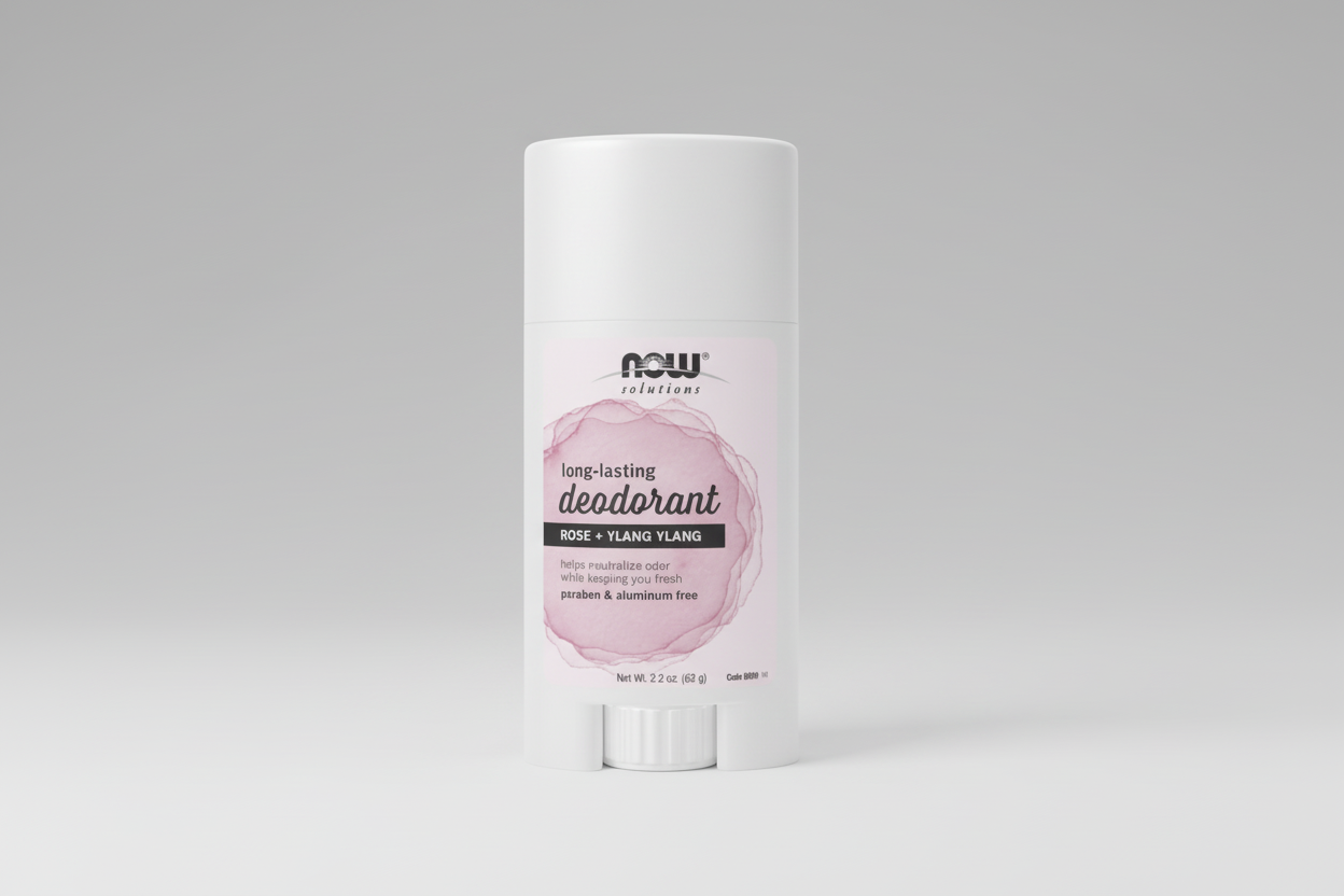 Deodorant stick with 'NOW Solutions' branding on a white background
