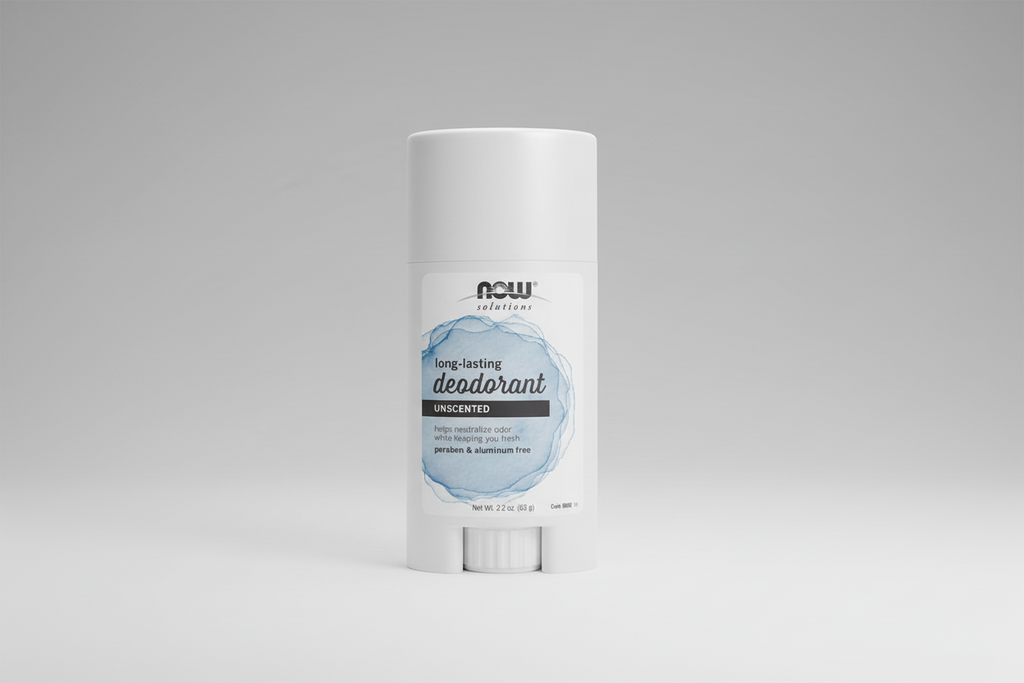 Deodorant stick with NOW Solutions branding on a white background