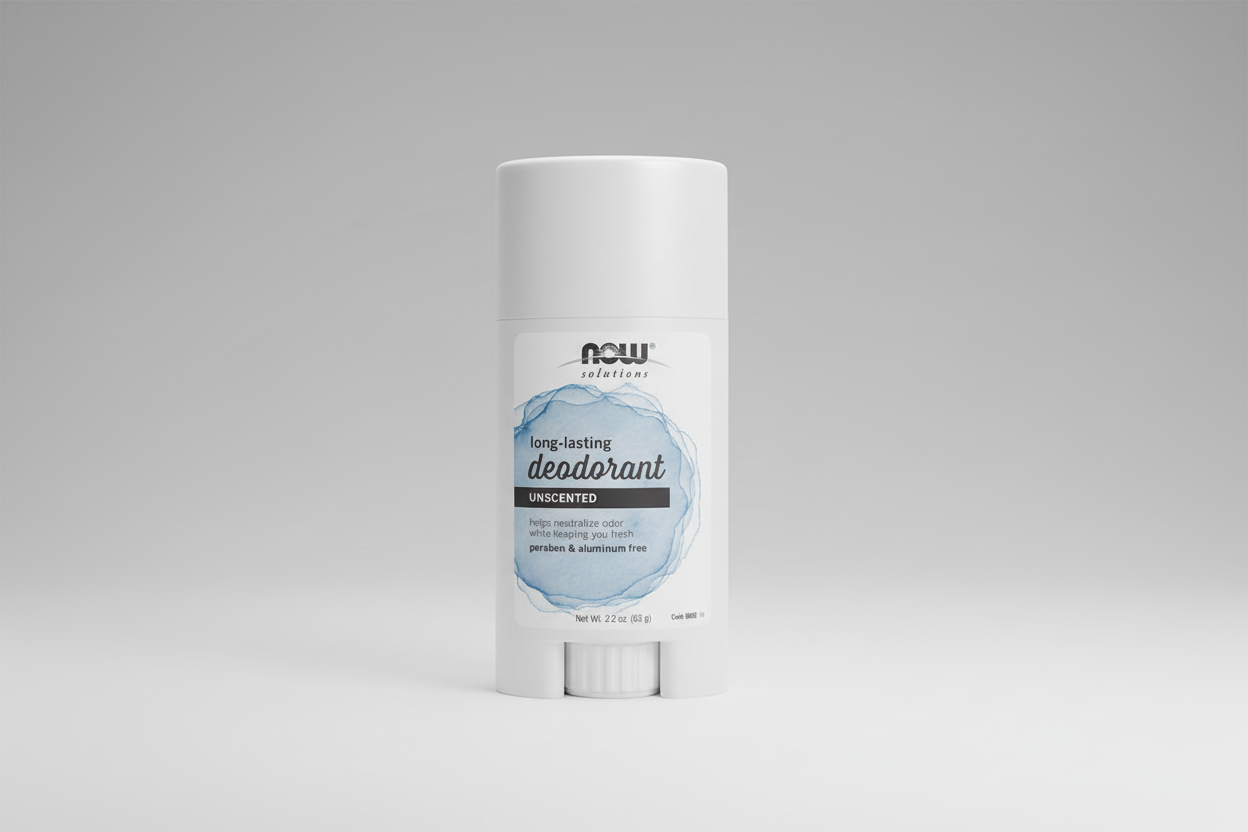 Deodorant stick with NOW Solutions branding on a white background