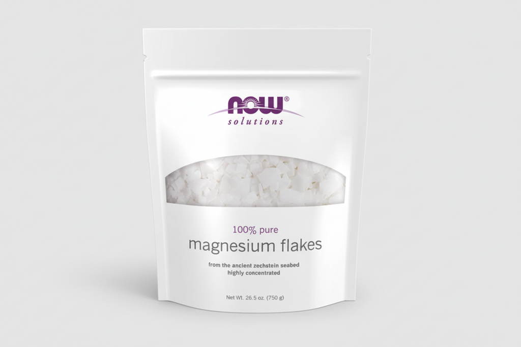 Package of NOW Solutions magnesium flakes on a white background