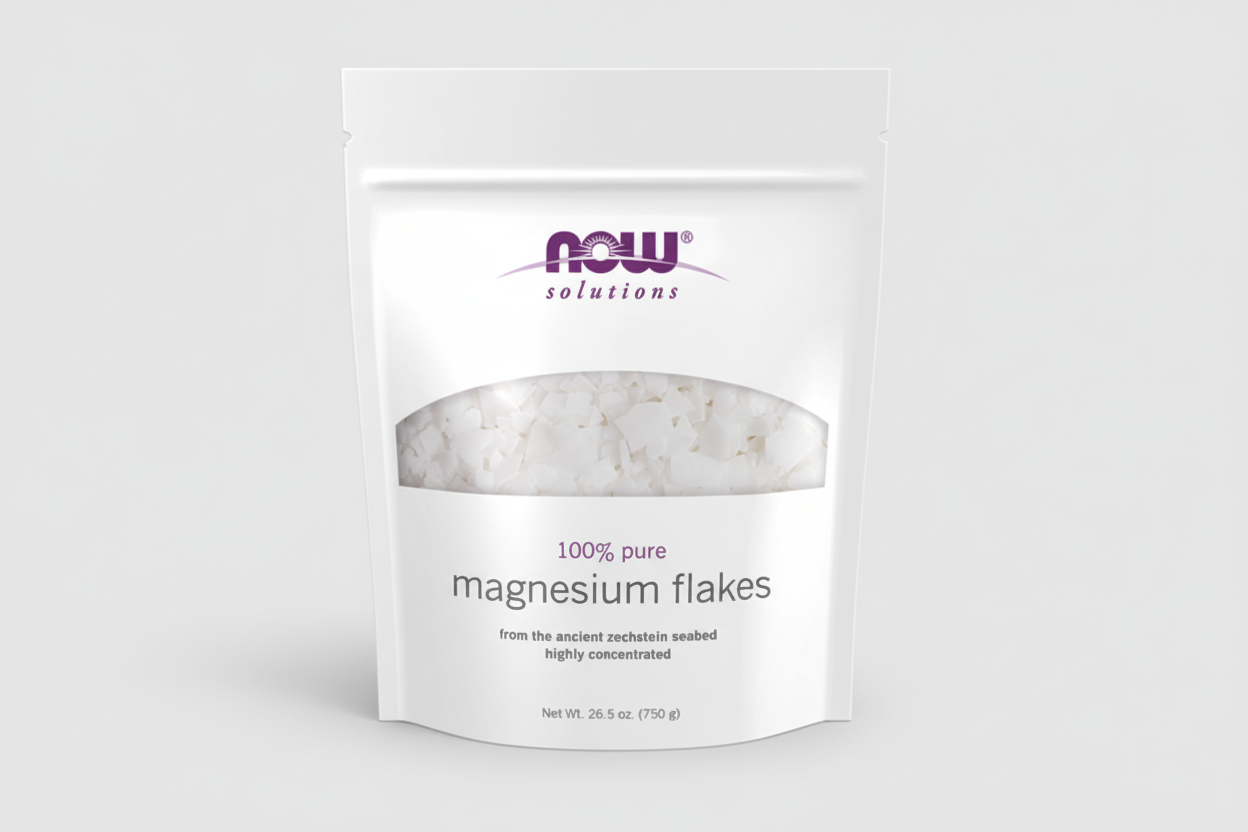 Package of NOW Solutions magnesium flakes on a white background