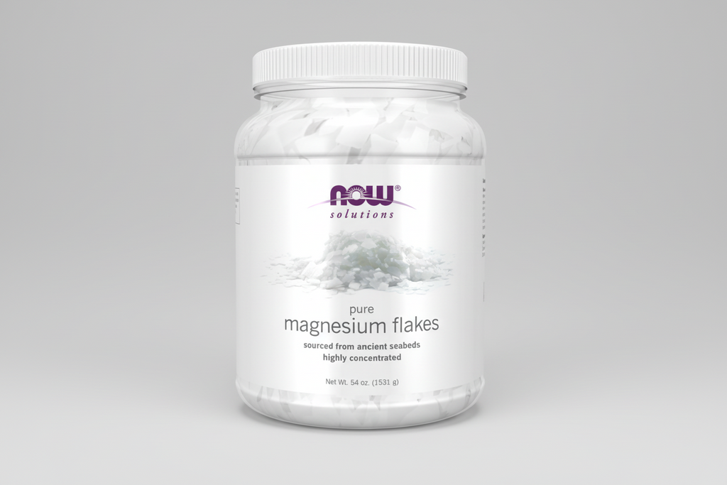 Container of pure magnesium flakes with NOW brand on a white background