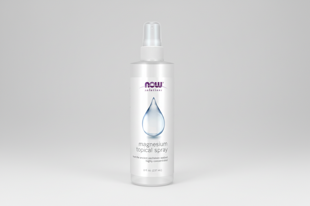 Bottle of NOW Solutions magnesium topical spray on a white background
