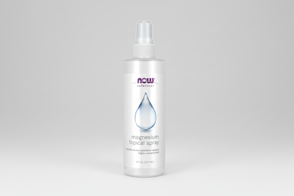 Bottle of NOW Solutions magnesium topical spray on a white background