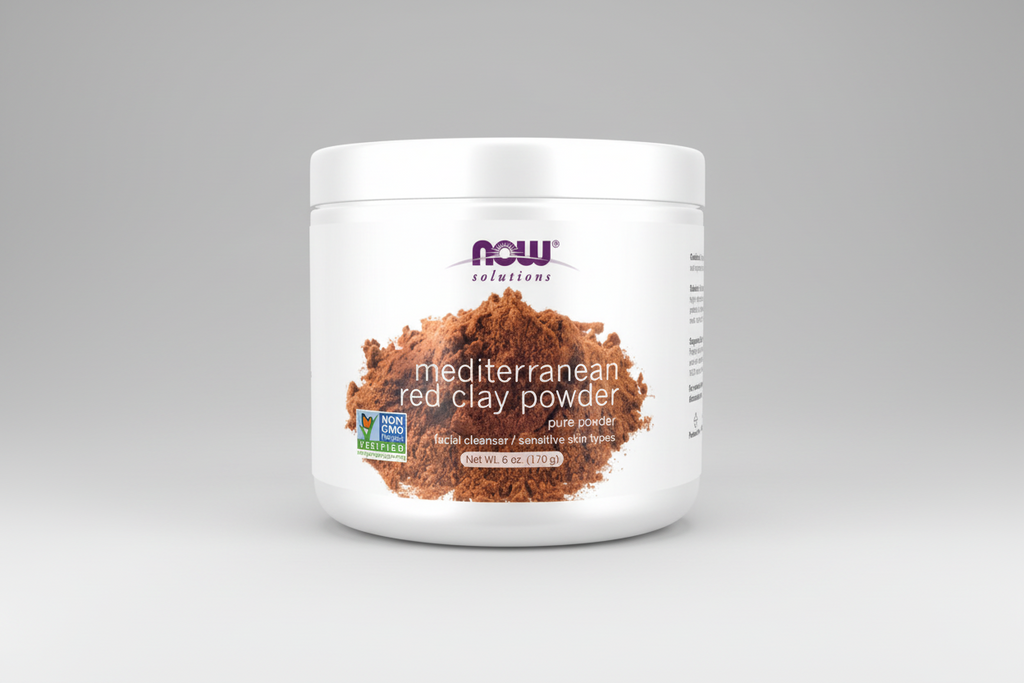 Jar of NOW Solutions Mediterranean Red Clay Powder on a white background