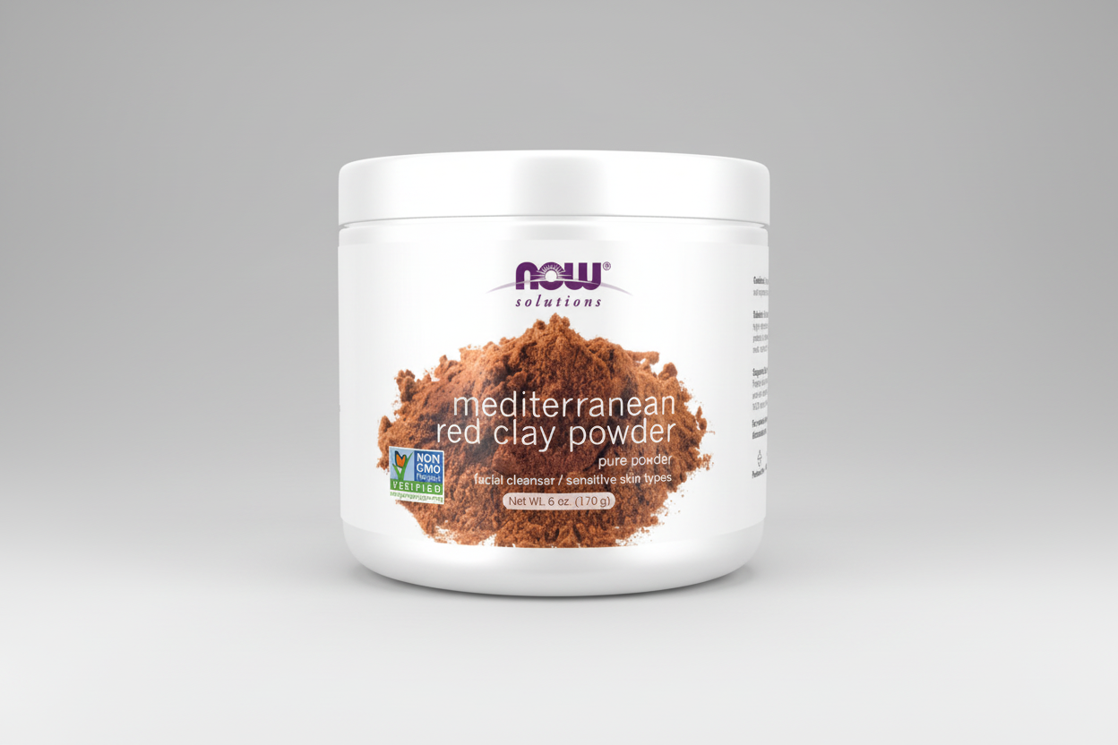 Jar of NOW Solutions Mediterranean Red Clay Powder on a white background