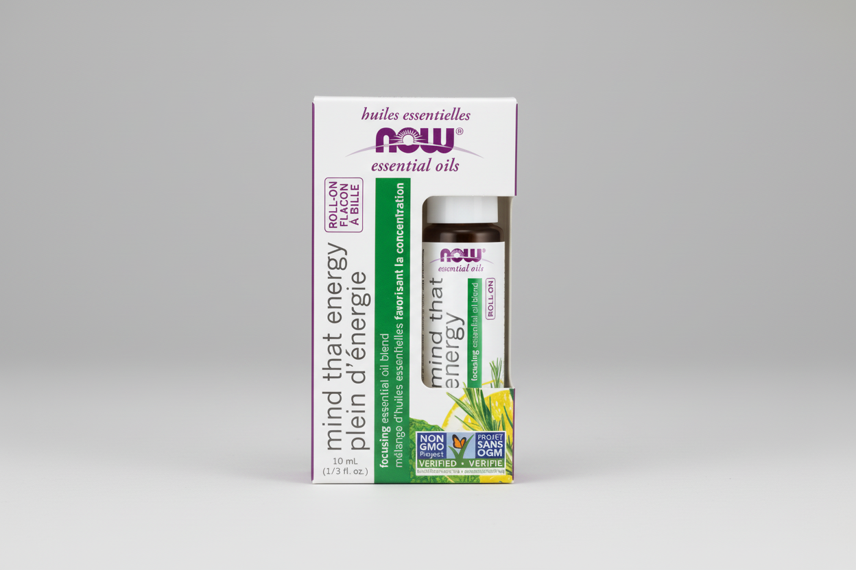 NOW Essential Oils 'Mind That Energy' bottle and packaging on a white background