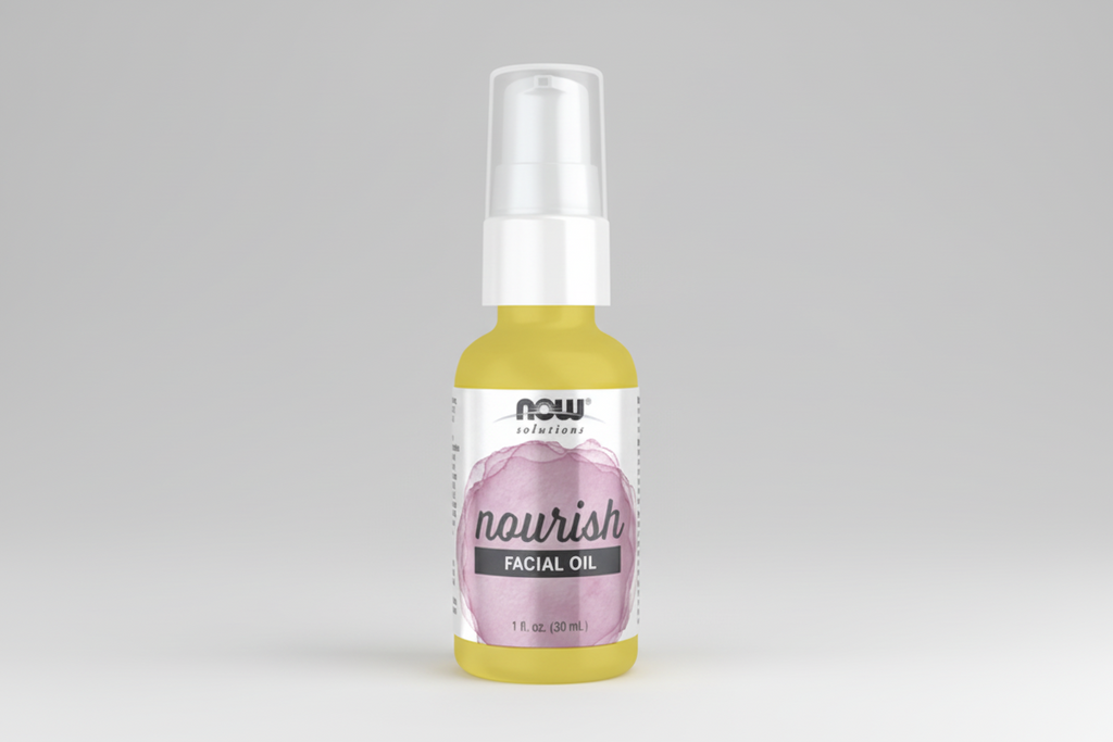 Bottle of NOW Solutions Nourish Facial Oil on a white background