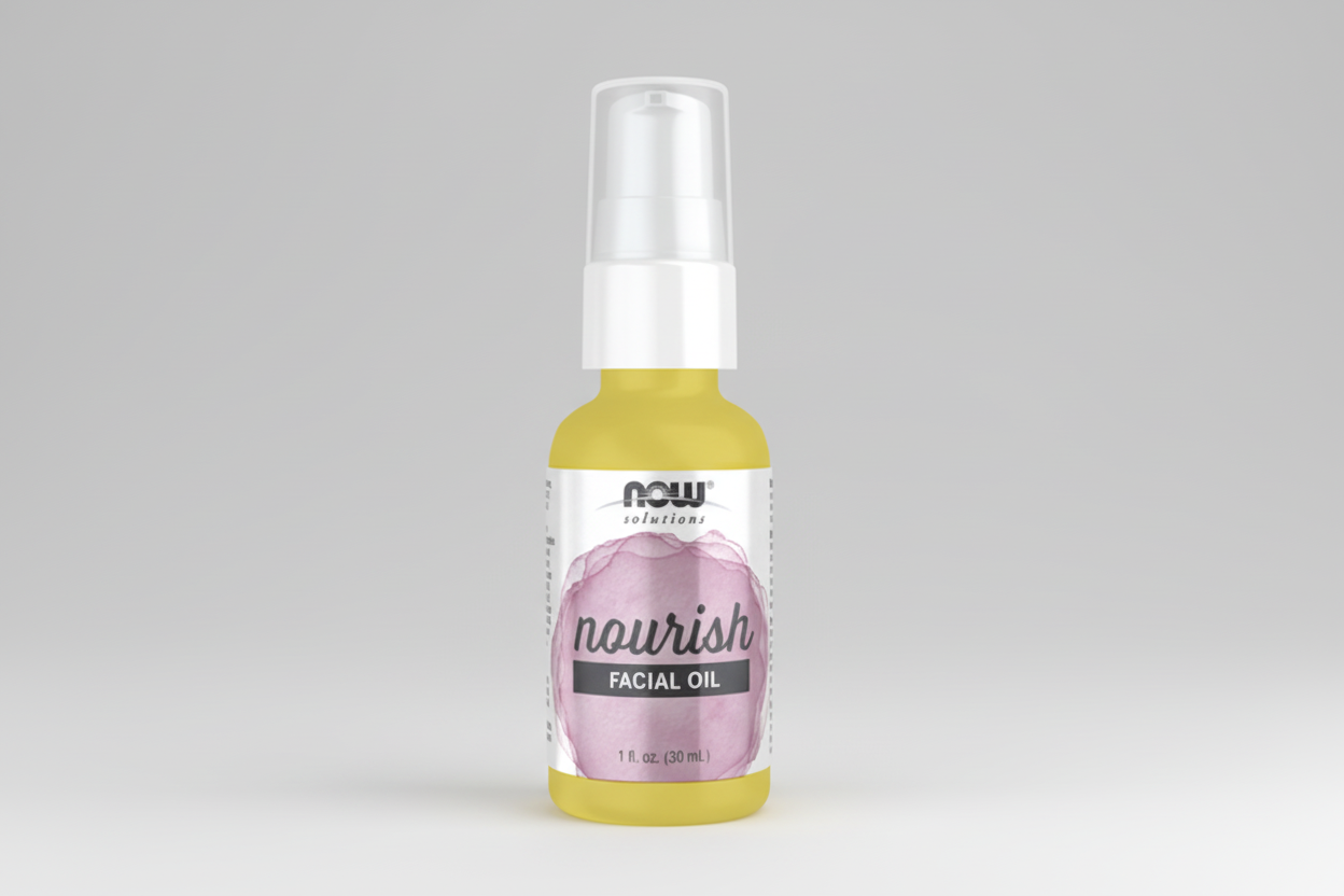 Bottle of NOW Solutions Nourish Facial Oil on a white background