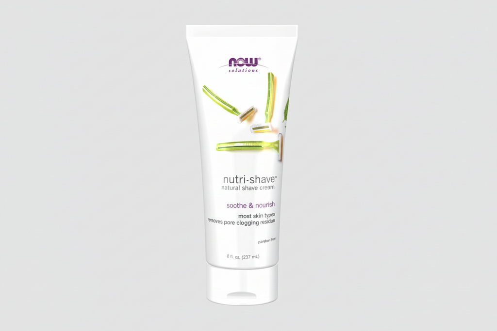 Tube of NOW Nutri-Shave natural shave cream on a white background