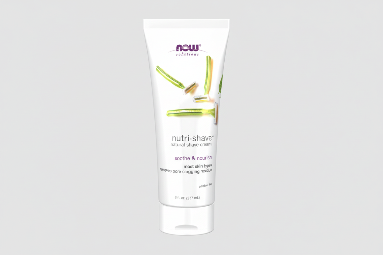 Tube of NOW Nutri-Shave natural shave cream on a white background