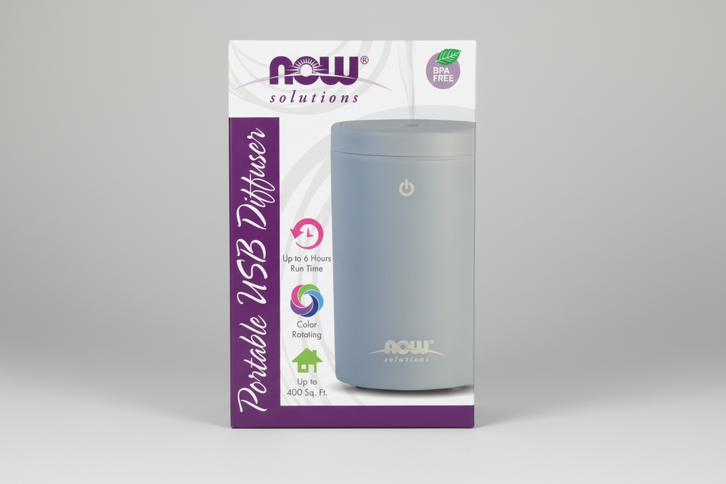 NOW Solutions USB Diffuser packaging with product and branding details.