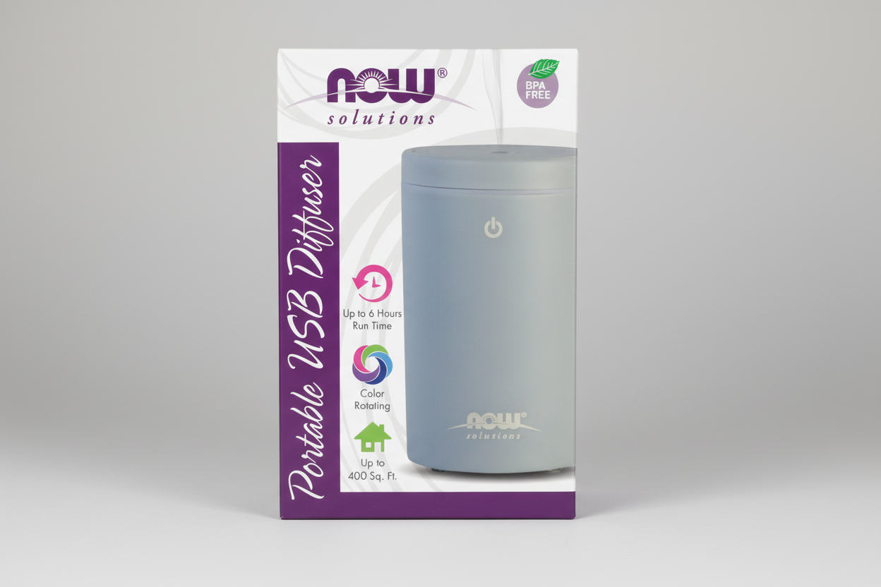 NOW Solutions USB Diffuser packaging with product and branding details.