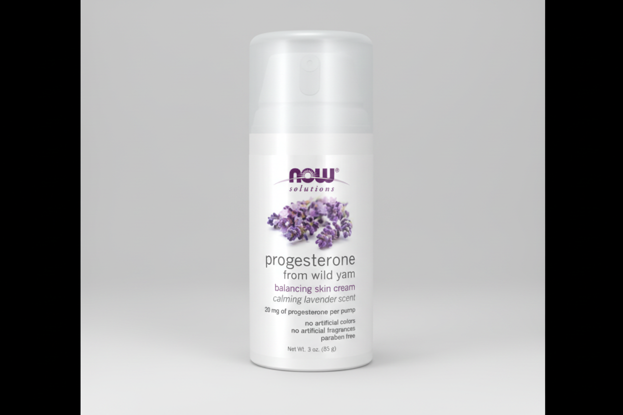 Progestrone from wild yam cream bottle with NOW Solutions branding on a white background