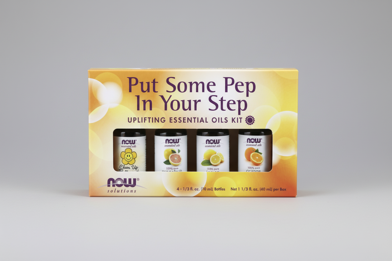 Uplifting essential oils kit packaging with NOW Solutions branding on a white background