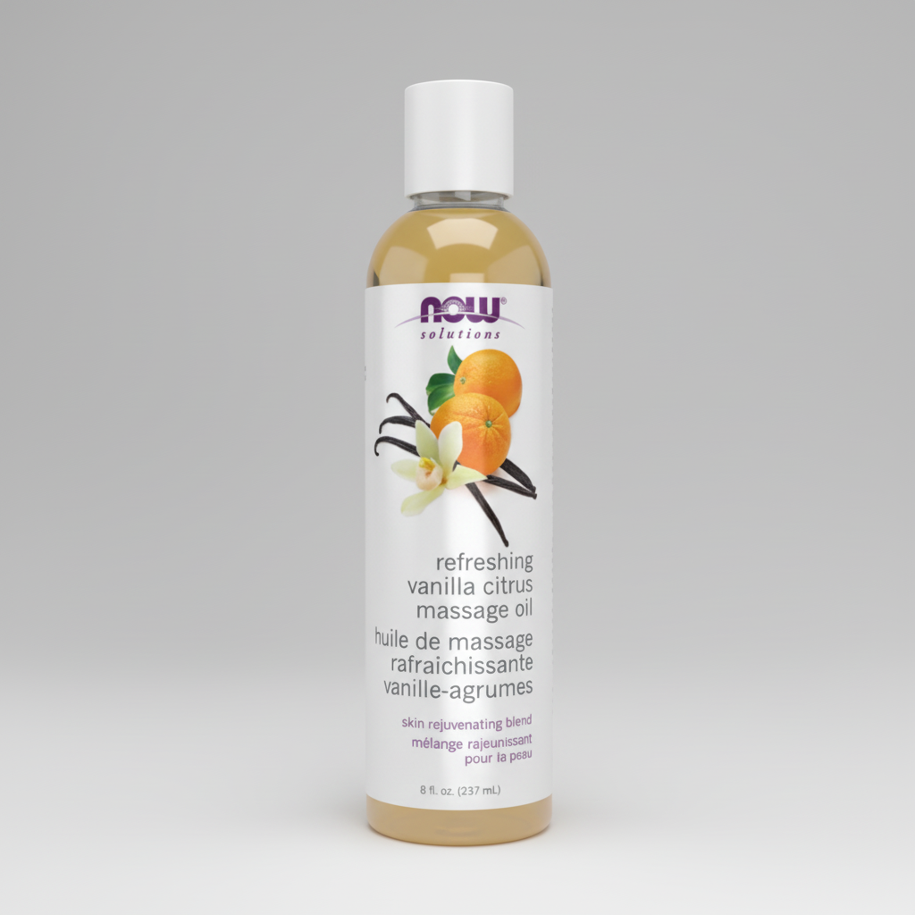 Bottle of Now Solutions refreshing vanilla citrus massage oil on a white background