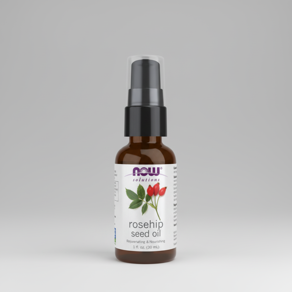 Bottle of NOW Solutions Rosehip Seed Oil on a white background