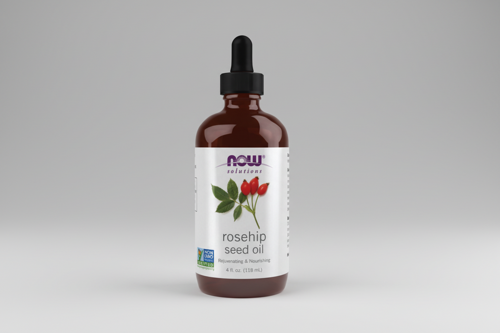 Bottle of NOW Solutions Rosehip Seed Oil on a white background