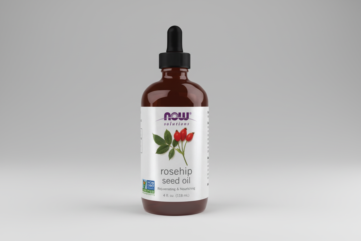 Bottle of NOW Solutions Rosehip Seed Oil on a white background