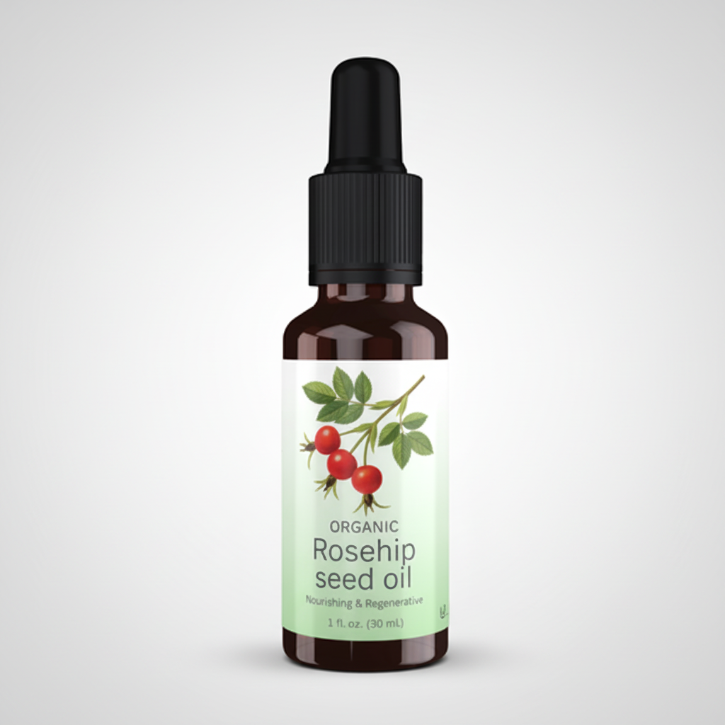 Bottle of NOW Solutions Rosehip Seed Oil on a white background