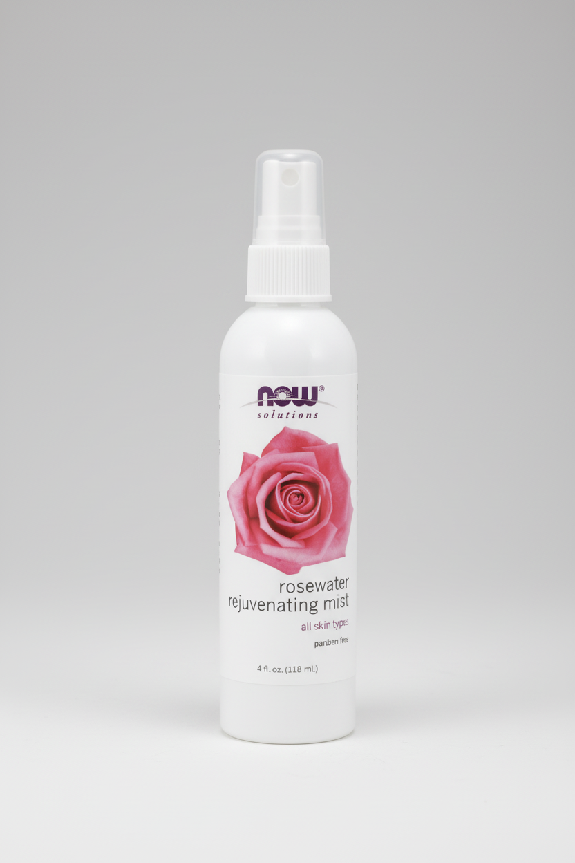 Rosewater rejuvenating mist bottle with a pink rose on a white background